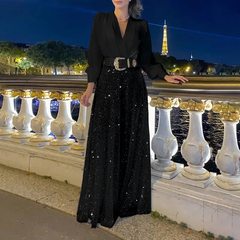 BWQ Splice Sequins Maxi Dresses For Women Fashion Folds Loose V Neck Elegant Dress Femme Party Evening Dresses Luxury 2026