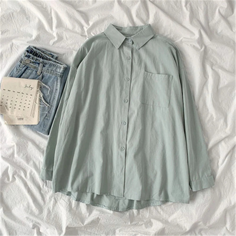 Solid White Shirt Women Casual Turn Down Collar Long Sleeve Pocket Women's Tops And Blouses Spring Office Lady Plus Size Shirts