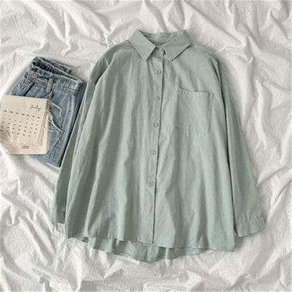 Solid White Shirt Women Casual Turn Down Collar Long Sleeve Pocket Women's Tops And Blouses Spring Office Lady Plus Size Shirts