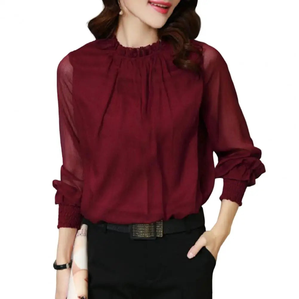 Perspective Net Mesh Sleeve Office Shirt Top Elastic Cuffs Women Shirt Elegant Ruffle Collar Blouse Solid Color Chiffon Shirt