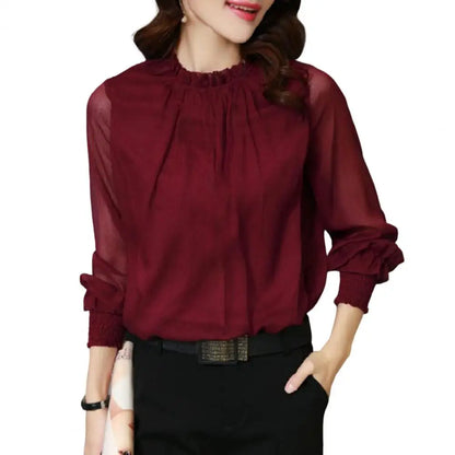 Perspective Net Mesh Sleeve Office Shirt Top Elastic Cuffs Women Shirt Elegant Ruffle Collar Blouse Solid Color Chiffon Shirt