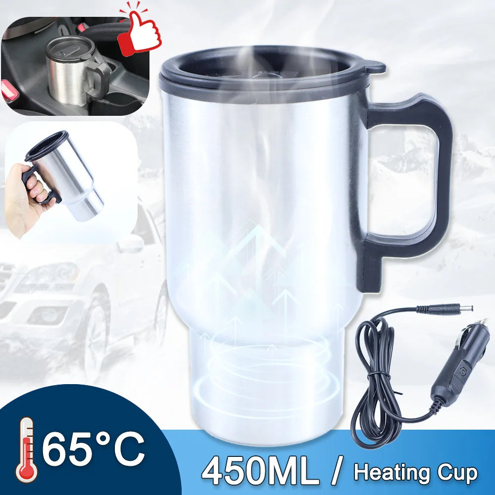 12V Car Heating Cup Car Heated Mug, 450ml Travel Electric Coffee Cup 14oz. Insulated Heated Thermos Mug