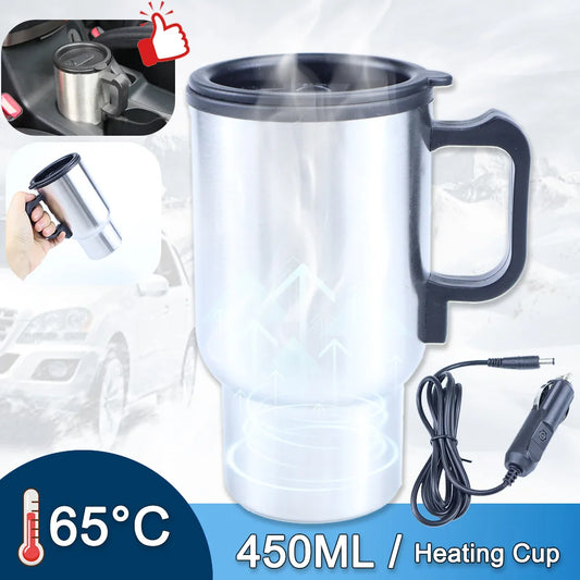 12V Car Heating Cup Car Heated Mug, 450ml Travel Electric Coffee Cup 14oz. Insulated Heated Thermos Mug