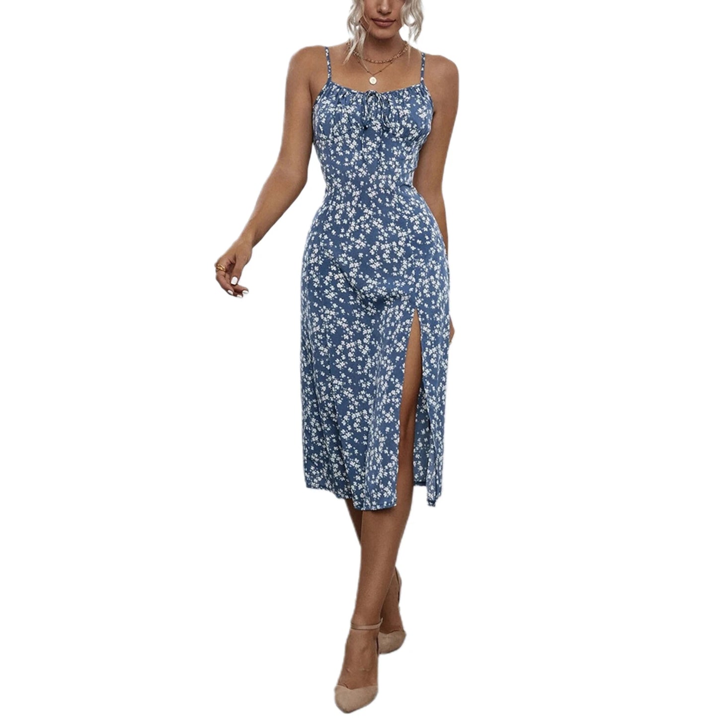 Women's Clothing Summer 2025 Trend Floral Dress, Flower Print Spaghetti Strap Sleeveless  with High Slit for Ladies