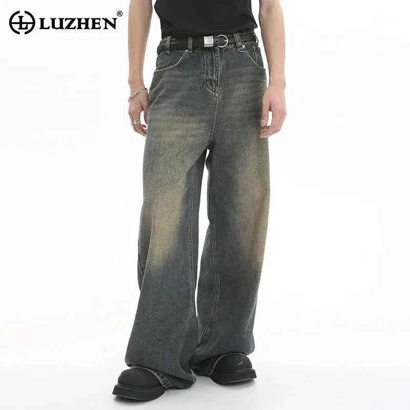 LUZHEN Old Male Pants Autumn Blue Washed Men Denim Jeans Straight Casual Men wear Loose Wide Leg Trousers 2026 New Fashion 9C354