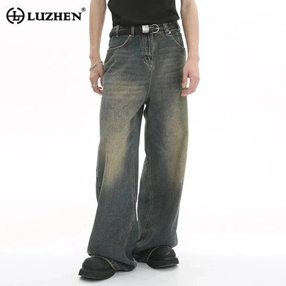 LUZHEN Old Male Pants Autumn Blue Washed Men Denim Jeans Straight Casual Men wear Loose Wide Leg Trousers 2026 New Fashion 9C354