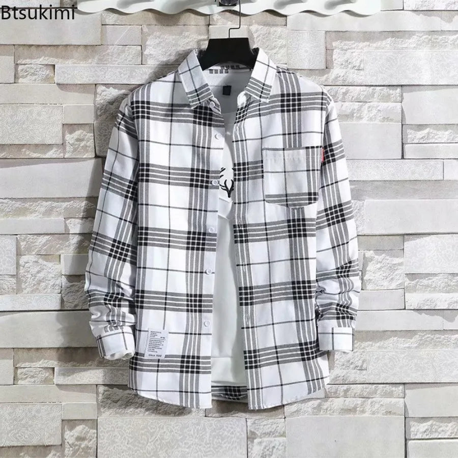 Spring New Korean Style Plaid Shirts Men's Handsome Long-sleeved Loose Casual All-matching Shirt Coats 2026 Trend Men's Clothing