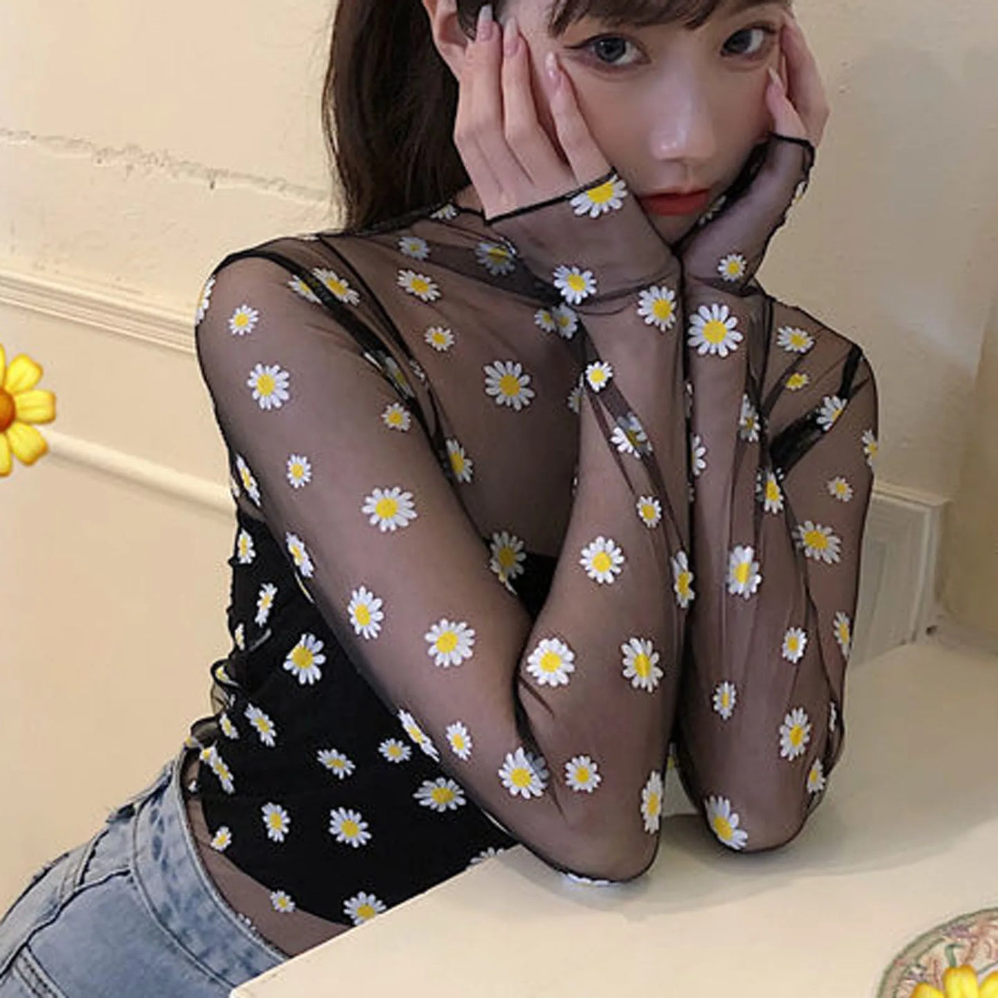 Women Daisy Flower Print Mesh Tops Long Sleeve Sheer Transparent Fishnet T Shirt Fashion Summer Sunscreen Tee 2026