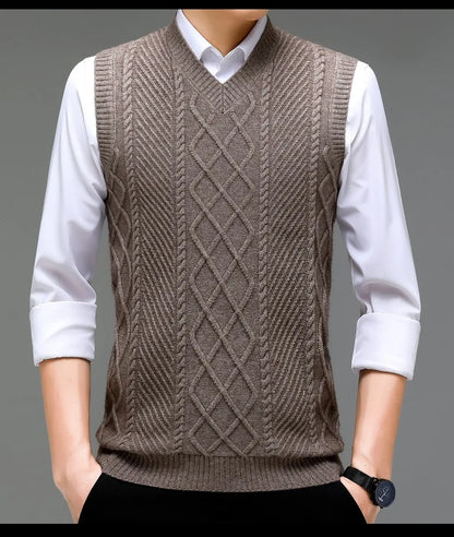 Stylish V-neck Jacquard Knit Sleeveless Sweater Vest for Men Middle-aged Men Fashion Solid Color Warm Top