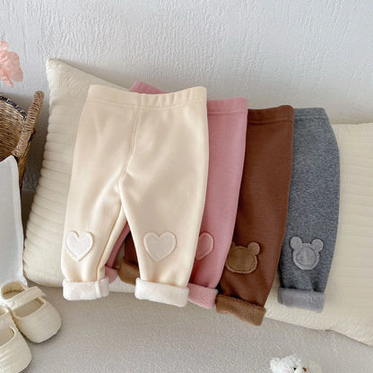 Girls Leggings 2026 Winter 0-5Y Children's Clothes Baby Girls Patch Plus Velvet Warm Pants Trousers