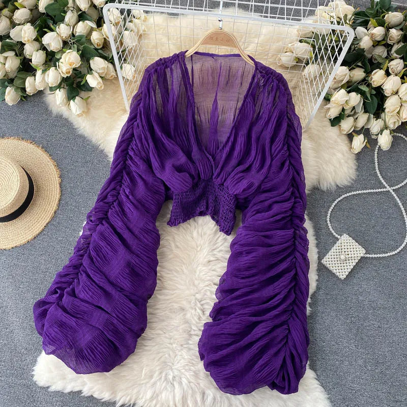 Women Sexy Chiffon Short Blouse Female See Through Super Long Sleeve Purple/Green/Black/White Folds Party Tops 2026 New