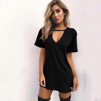 Summer Sexy Mini Black Dress 2026 V Neck Cut Out Loose Dress Women Elegant Short Sleeve Club Party Dress Solid Color Streetwear