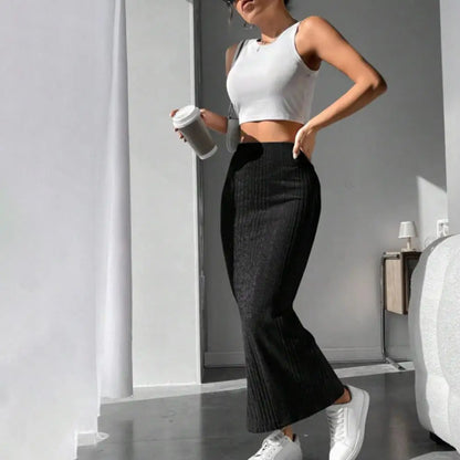Solid Bodycon Ruched Knitted Long Skirt Women Sexy Black Elastic Elegant High Waist Mermaid Sheath Maxi Skirts Summer Streetwear