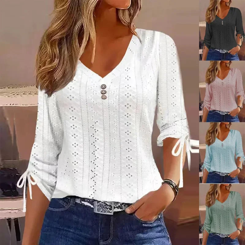 Women Long Sleeve Blouse 2026 Women's Fashion Trends Casual Button V-Neck shirts & blouses Elegant Female Hollow Out Bow Tops
