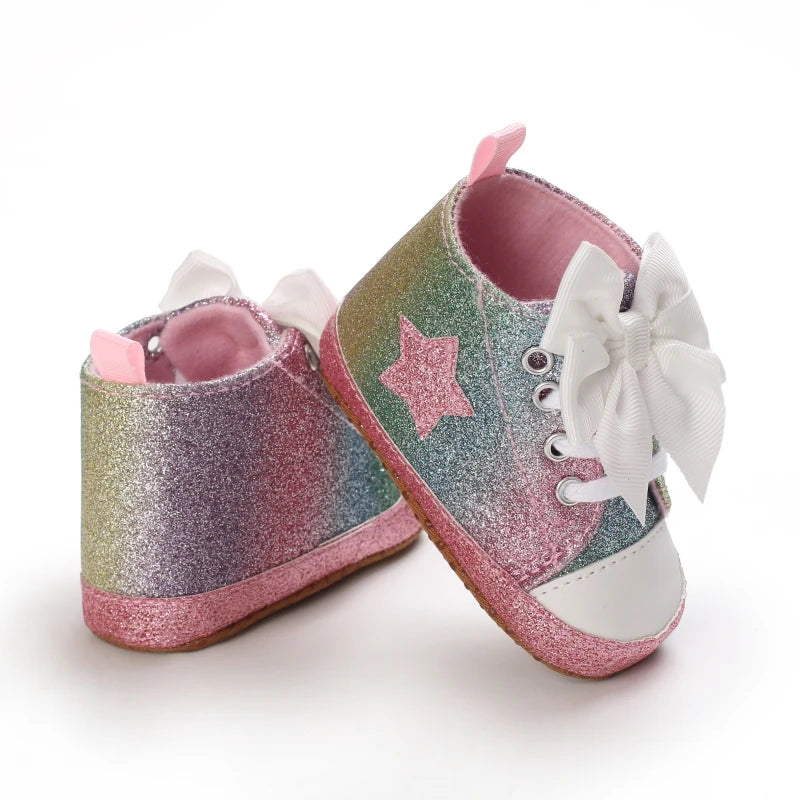 Cute 0-18M Spring Newborn Silver Baby Shoes Non Slip Cloth Bottom Girl Shoes Elegant Breathable Casual Baby First Walking Shoes