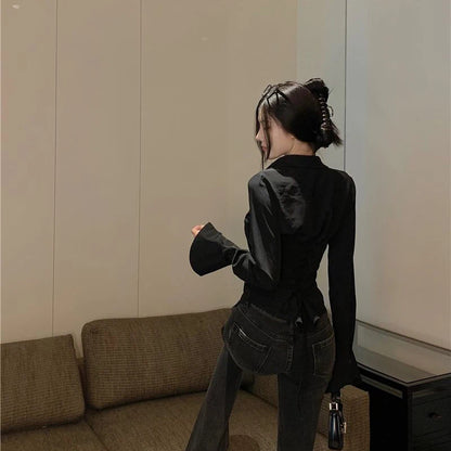 Fashion Women Bandage Shirts Korean All Match Streetwear Female Slim Blouse Spring Casual White Bell Sleeve Shirt New
