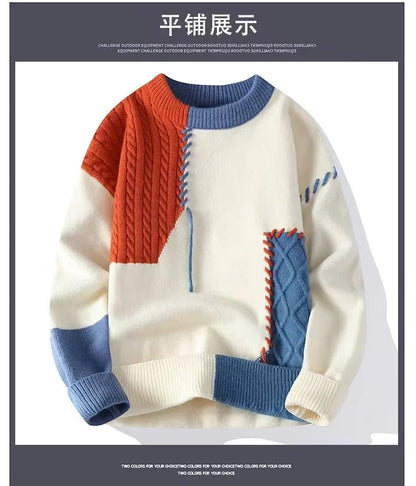 2025 Autumn Winter Men's Sweater Korean Fashion Men Clothing Patchwork Sweater Men Trend Streetwear Pullover O-Neck Sweaters Men