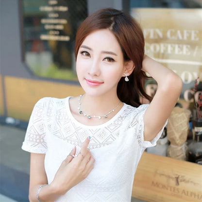New Women Clothing Chiffon Blouse Lace Crochet Female Korean Shirts Ladies Blouse Tops Shirt White Blouses Slim Fit Tops 2025