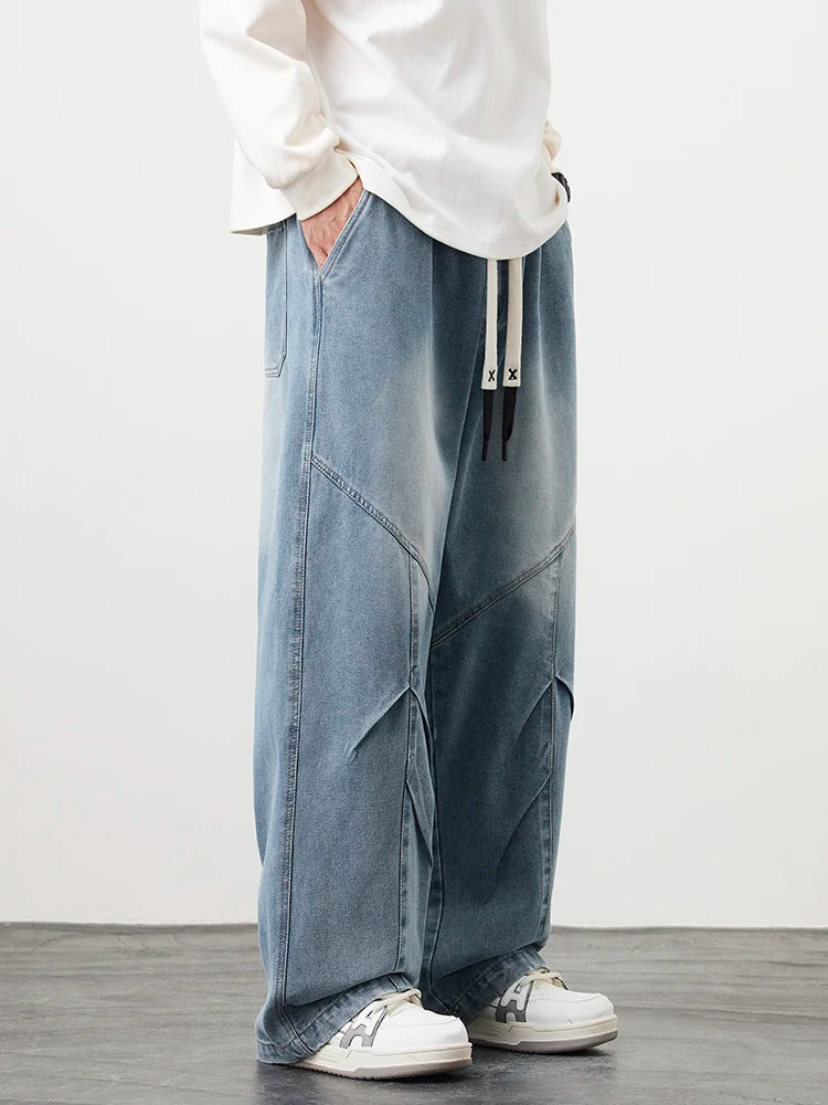 Big Size Men's Jeans 8XL 7XL 6XL String Banding Wide Leg Straight Denim Pants Washed Cotton Casual Baggy Jean Trousers Male