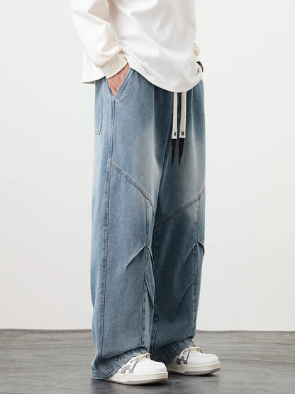 Big Size Men's Jeans 8XL 7XL 6XL String Banding Wide Leg Straight Denim Pants Washed Cotton Casual Baggy Jean Trousers Male