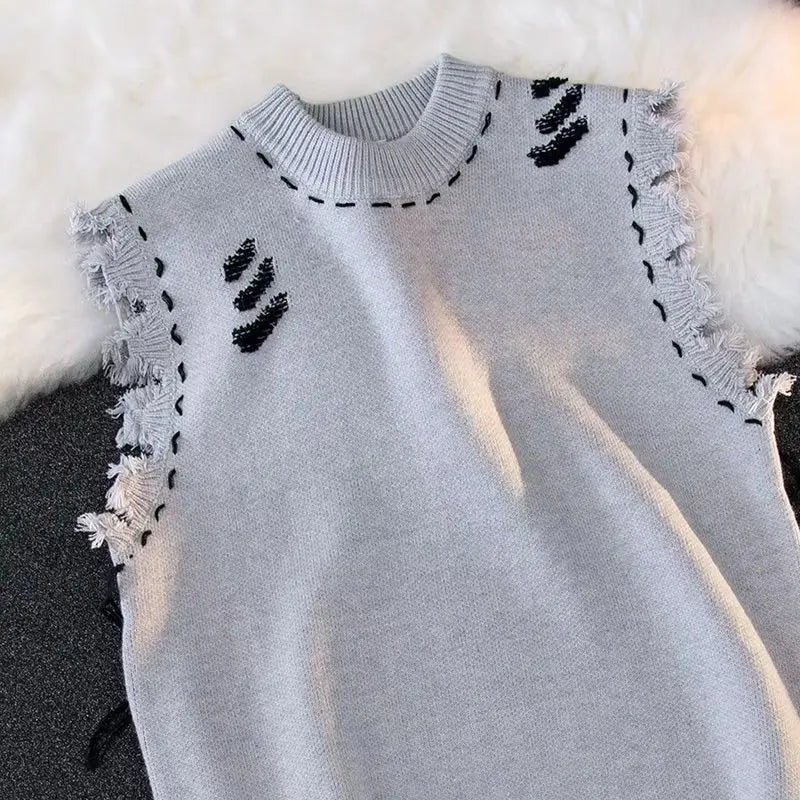 Sweater Vests Men Frayed Raw Edge Comfortable Sleeveless All-match Japanese Style Knitting Leisure Daily Chic Aesthetic Classic