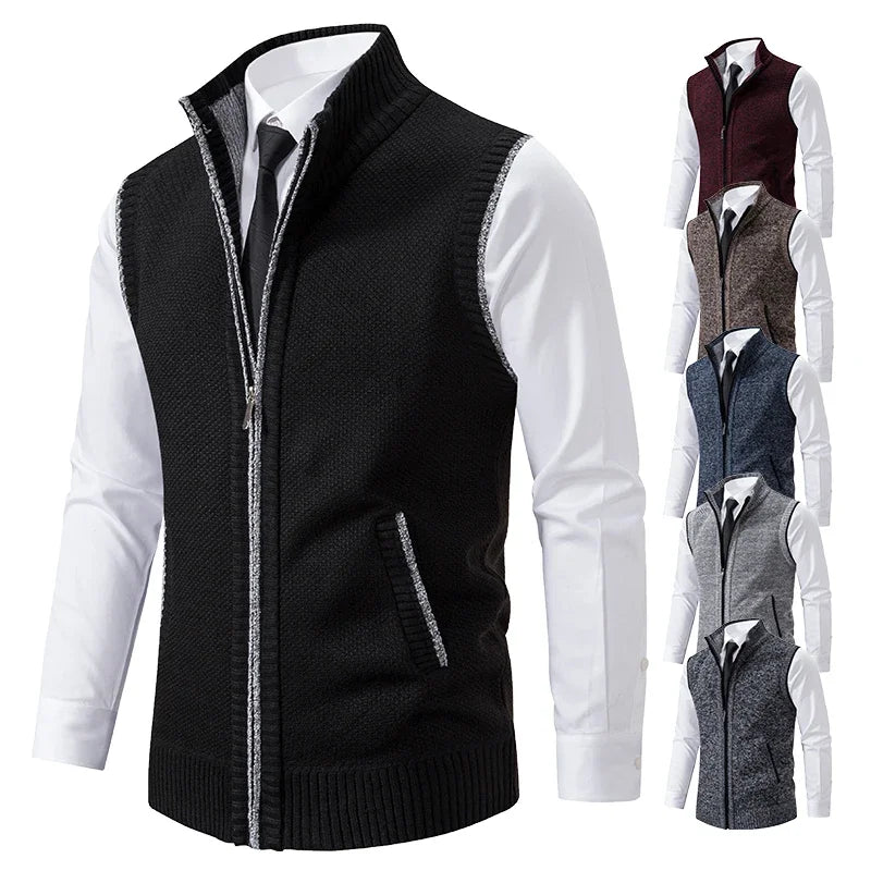 Vest Men Knitted Sleeveless Sweater Jacket Wool Velvet Zipper Cardigan Turn-down Pullovers Turtleneck Sweater coat Knit Waistcoat