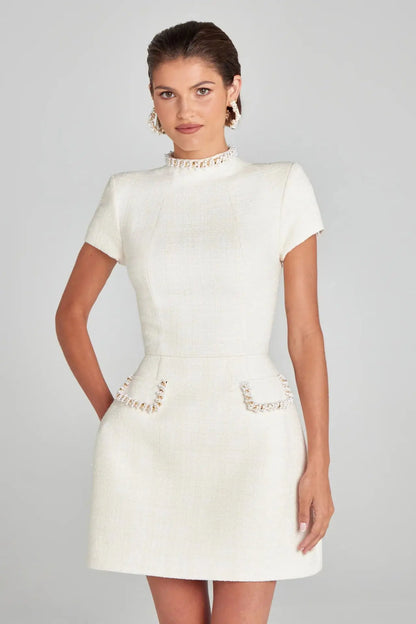 Tosssy Shiny Elegant Female MIni Dress Pocket Short Sleeve Patchwork Fashion Slim Party Dress Gown Women's Glitter Vntage Dress