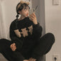 Women's Winter Pajamas Set Fleece Casual Solid Top Thick Warm Sleepwear and Plaid Pants Soft Pijamas Set for Women Home Suit