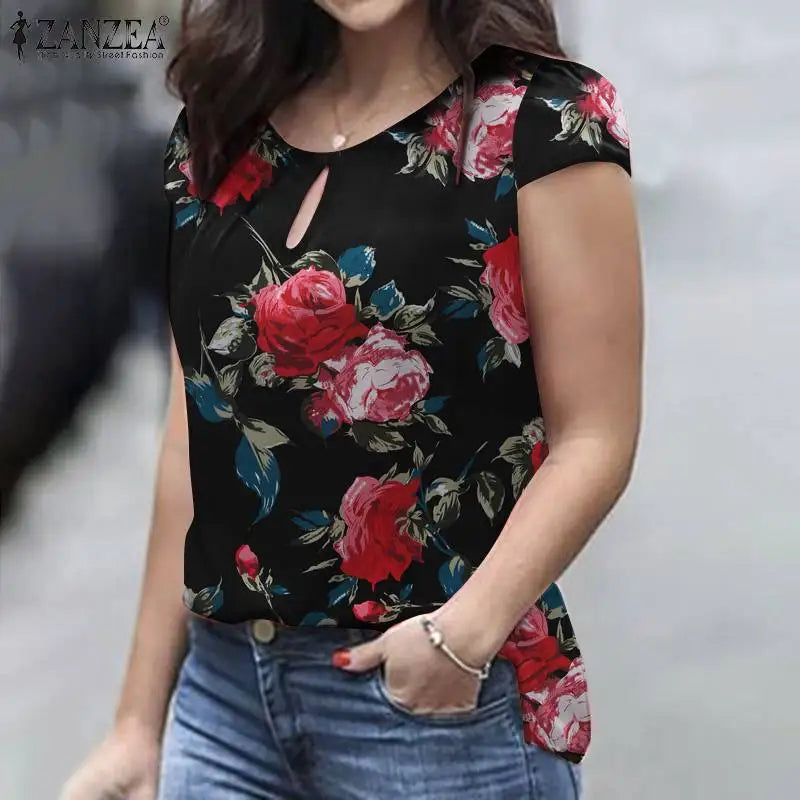 ZANZEA Summer Bohemian Short Sleeve Floral Printed Blouse Women Vintage Holiday Party Shirt Casual Beach Tops Tunic Bulses 2025
