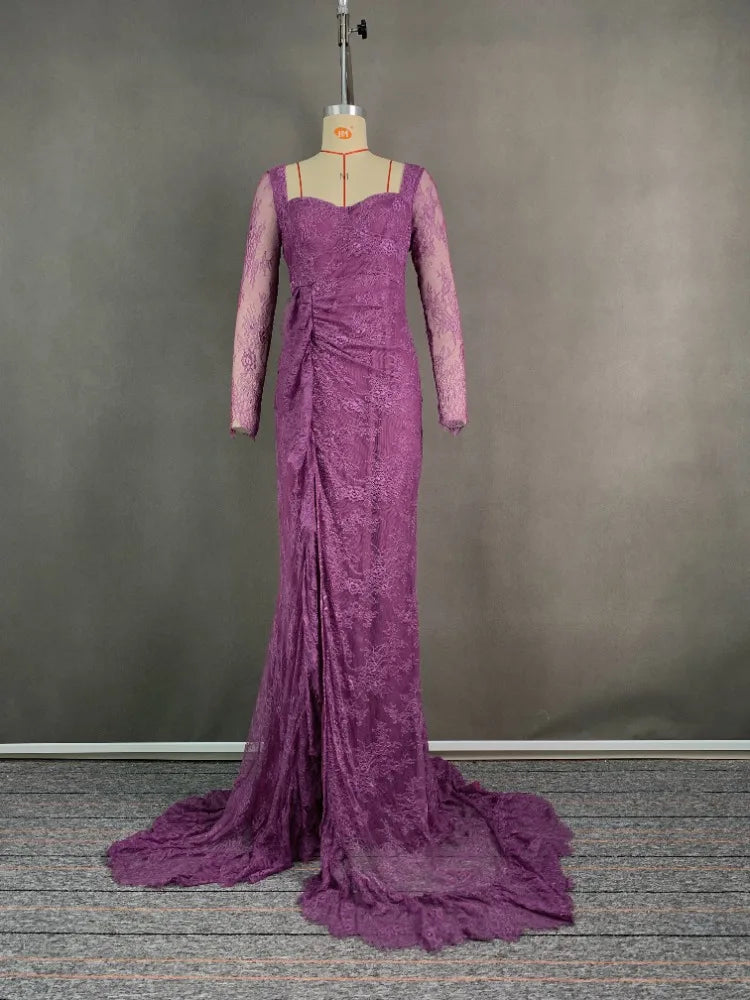 2026 Women's Ruffled Lace Evening Dress Solid Color Square Neck Long Sleeve Skinny Maxi Dress Wrap Hip Party Gowns