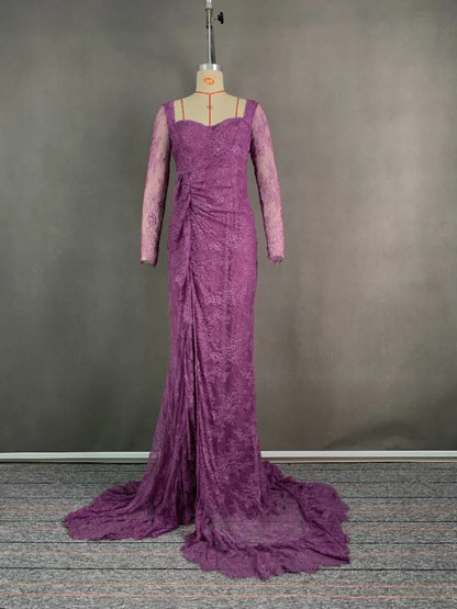 2026 Women's Ruffled Lace Evening Dress Solid Color Square Neck Long Sleeve Skinny Maxi Dress Wrap Hip Party Gowns
