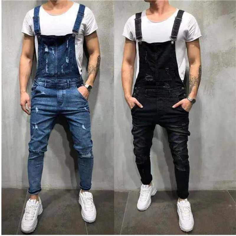 New Fashion Men's Jeans Overalls High Street Ripped Denim Jumpsuits Hip Hop Men Cargo Bib Pants Cowboy Male Jean Dungarees 2025