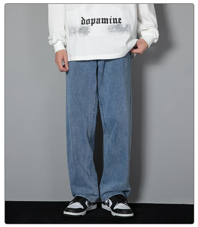 2026 New Korean Men's Casual Long Jeans Classic Man Straight Denim Wide-leg Pants Solid Color Light Blue Grey Black 3XL