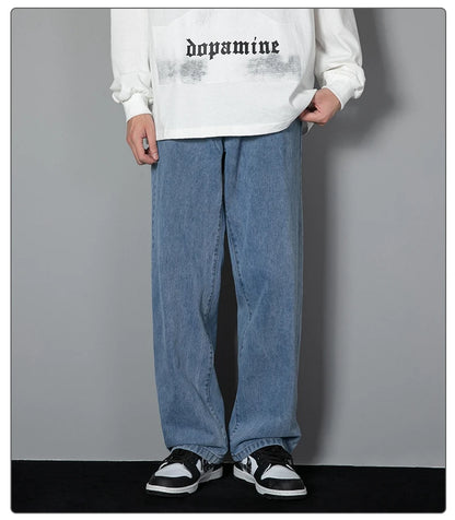 2026 New Korean Men's Casual Long Jeans Classic Man Straight Denim Wide-leg Pants Solid Color Light Blue Grey Black 3XL
