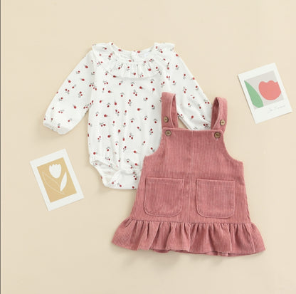 2Pcs Newborn Baby Girl Clothes Set Floral Print Long Sleeve Romper Pocket Corduroy Strap Suspender Skirts Girls Spring Outfits