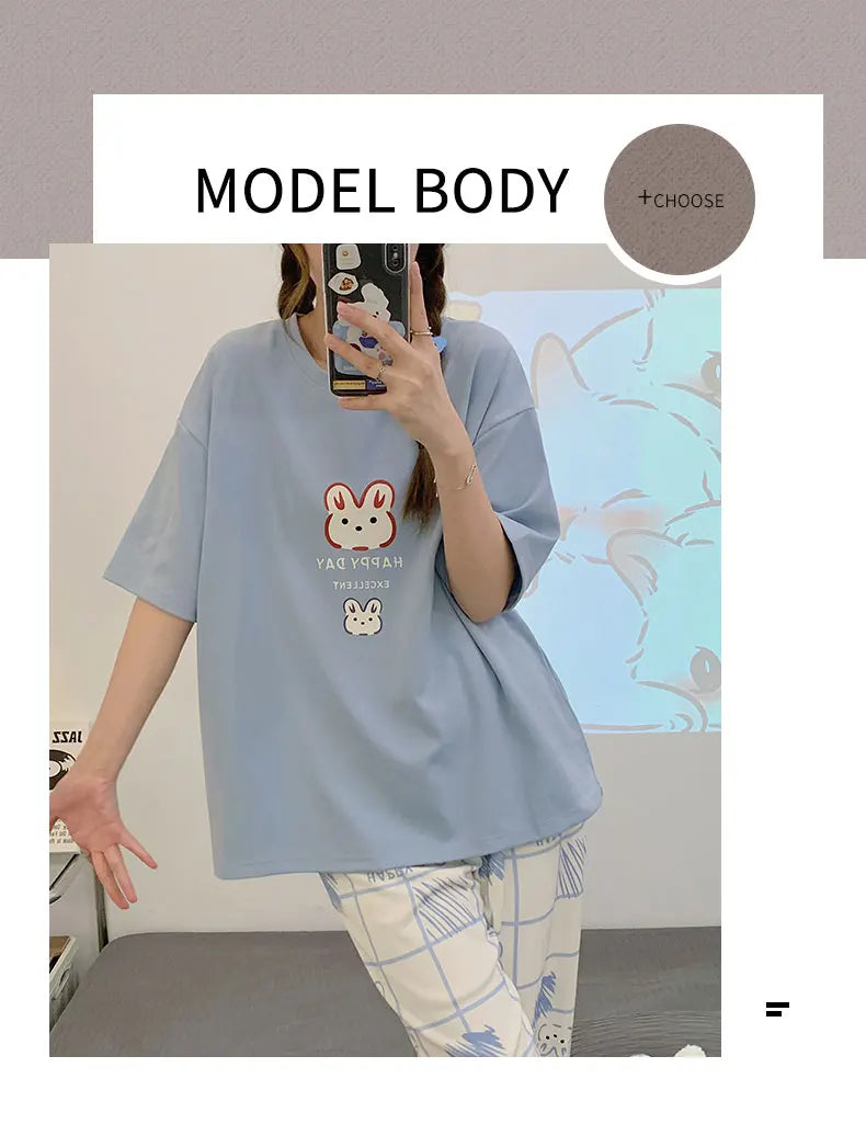 New Pajama Cartoon Cotton Pajamas for Women Summer Short Sleeved Long Pants Sleepwear Korean Fashion Rabbit Print Home Clothing