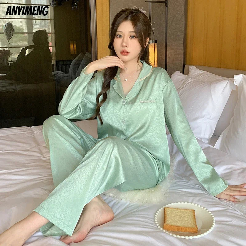 Women Casual Luxury Pajamas Thin Pajamas Female Sleepwear New Elegant Ladies Faux Silk Polyester Dots Pajama Sets Sexy Home wear