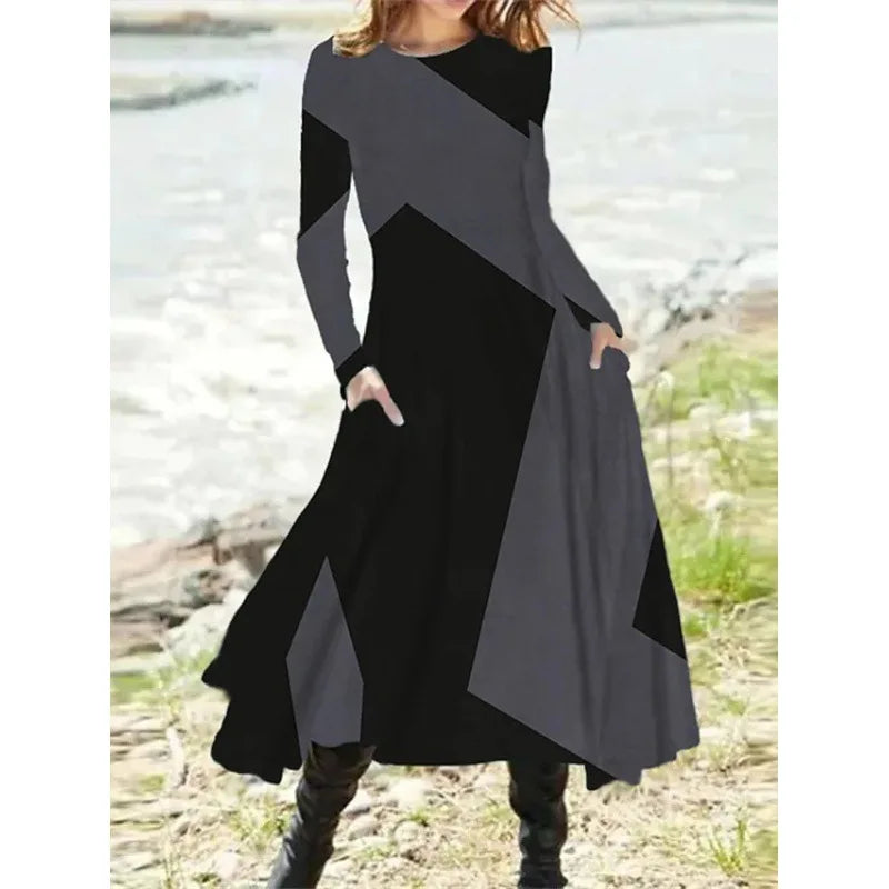 New 2025 Women's Casual Elegant Party Dress Contrast Color Ladies Spring Autumn Loose Long Sleeve Dress with Pockets Midi Dress