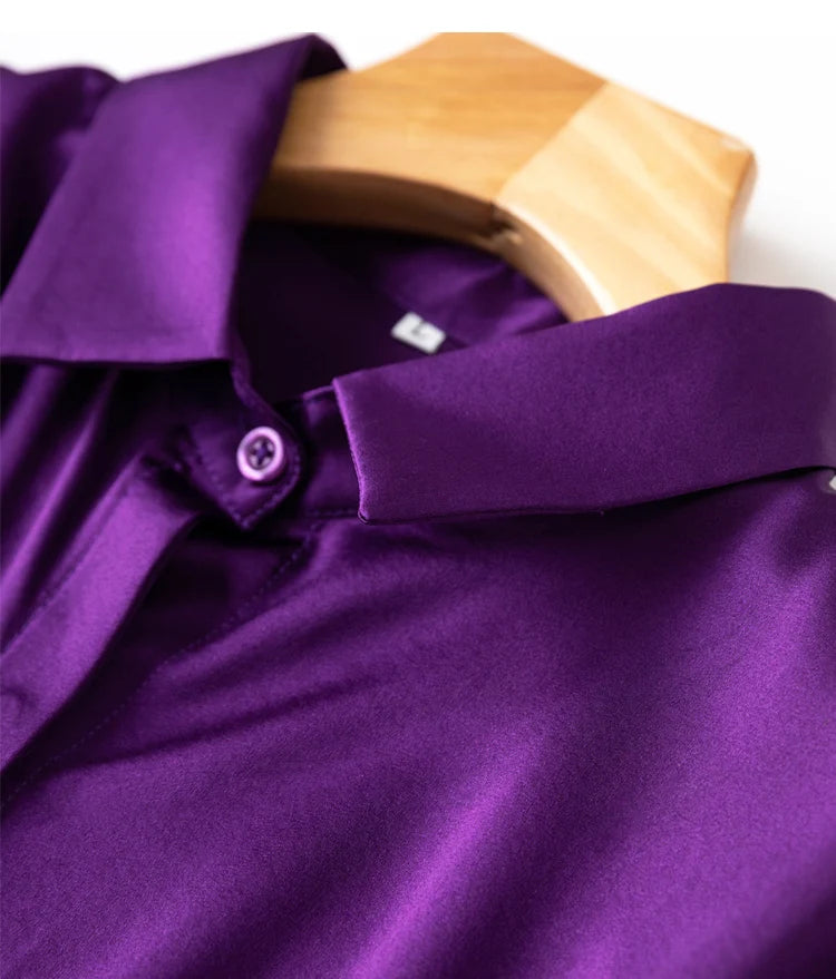 Tajiyane Women's 93% Mulberry Silk 7% Spandex 19 momme satin Silk Buttons long sleeve shirt Top Blouse office work chemise femme