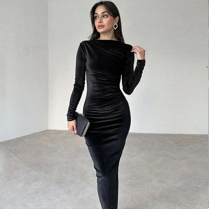 BWQ 2026 Spring Summer Velvet Long Sleeve Midi Dress For Women Ruched Long Dress Elegant Party Clothes Evening Green Outfits