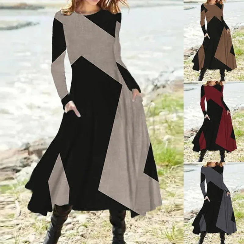 New 2025 Women's Casual Elegant Party Dress Contrast Color Ladies Spring Autumn Loose Long Sleeve Dress with Pockets Midi Dress