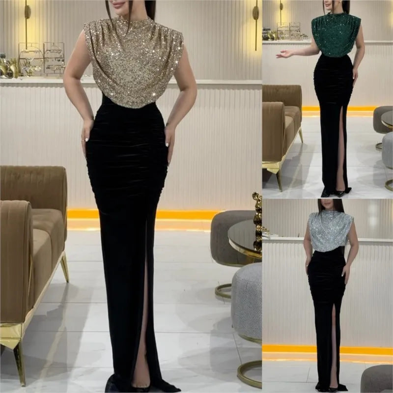 Lady Fashion Sleeveless Draped Split Dress Casual O Neck Sequin Splicing Party Dress 2025 New Year Elegant High Waist Long Dress