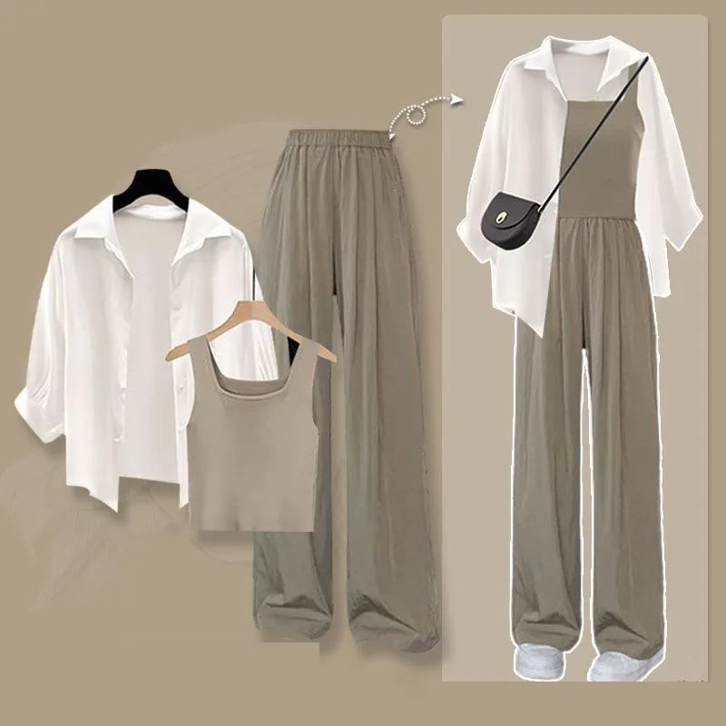 2026 Summer New Fashion Tracksuit Matching Set Women's Elegant White Sunscreen Shirt+ Vest+ Casual Wide Leg Pants 3-Piece Suit