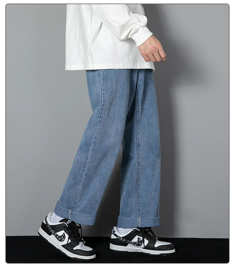 2026 New Korean Men's Casual Long Jeans Classic Man Straight Denim Wide-leg Pants Solid Color Light Blue Grey Black 3XL
