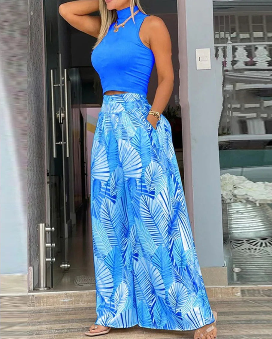 Summer Clothes Women 2026 Women Clothing Print Two-piece Set, Smooth Sleeveless T-shirt, Wide Leg Pants, Fashion Clothing