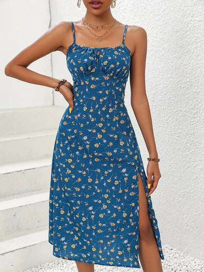 2026 Summer Sexy Spaghetti Straps Dress Women Fashion Polka Dot Print Sleeveless Slit Dress Boho Casual Beach Midi Dresses