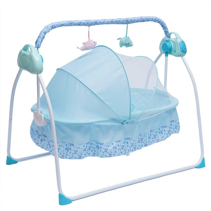 Electric Baby Crib Cradle Auto-Swing Newborn Sleep Bed Infant with Bluetooth blue with Chair + Music + Mat + Net