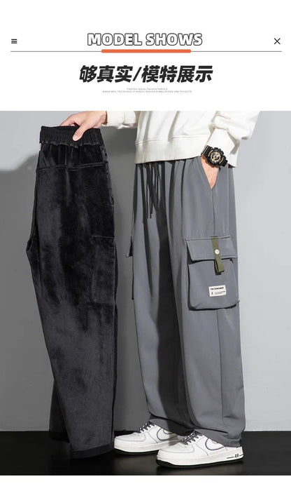 2025 Cargo Pants Men Straight Fit Wide Leg Fleece Lined Trouser Male Winter Fashion Loose Baggy Large Plus Size Warm Streetwear