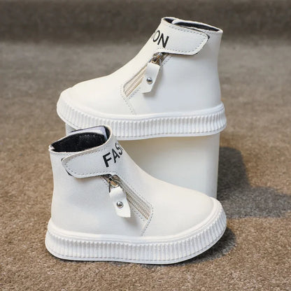 Children Fashion Boots Side Zipper Round-toe Kids Sport Boots Classic Solid Color Non-slip Boys Girls Leather Boots 2025 New