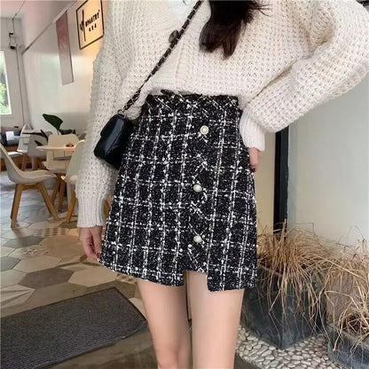 Tweed Skirts for Women Solid High Waist Slimming Skirts Autumn Spring 2026 Buttons Double Breasted Tweed Wool Mini Skirt